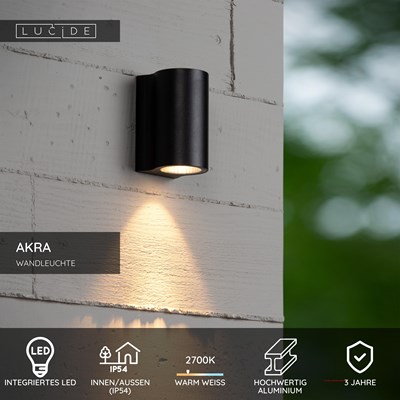 Lucide AKRA - Wandleuchte Innen/Außen - LED - 1x6W 2700K - IP54 - Schwarz
